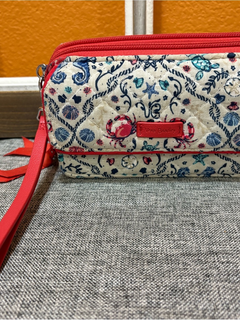 Vera Bradley Coral and Cream Nautical Quilted Wristlet